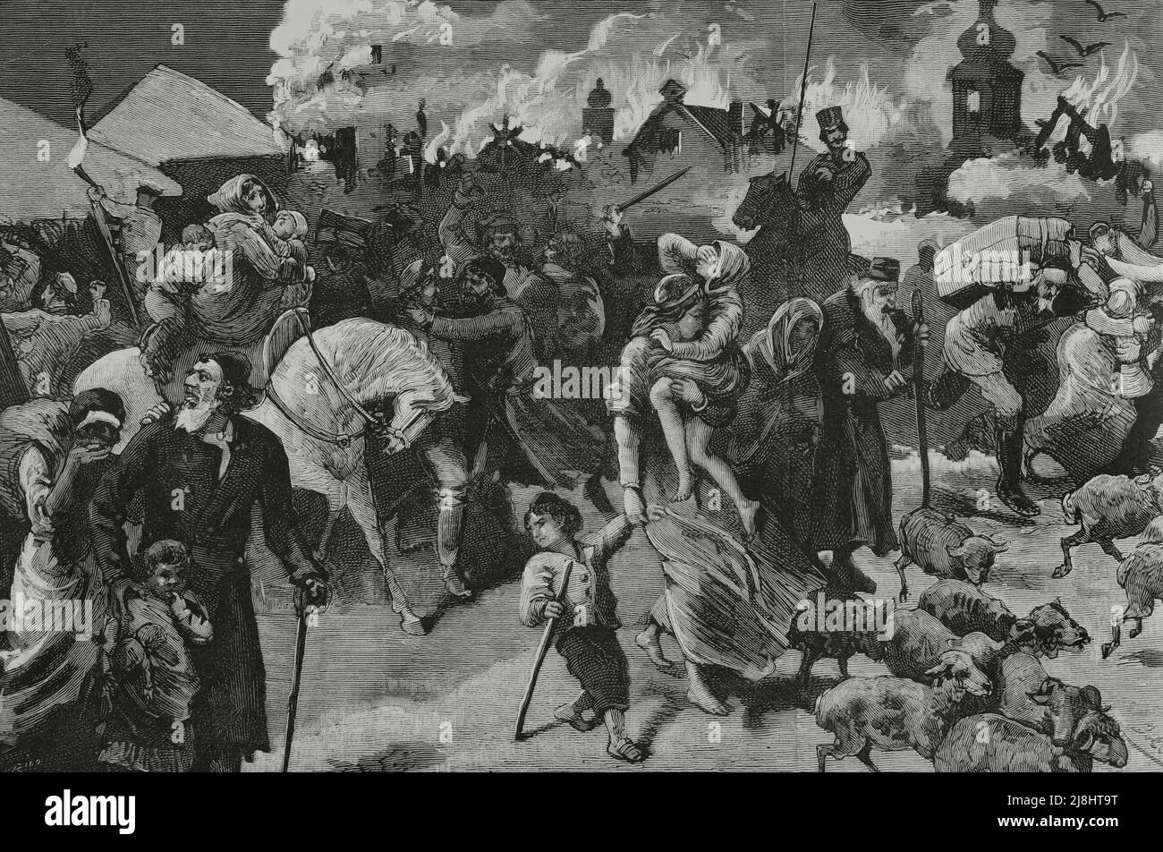 Russisches Reich. Antisemitische Bewegung. Vertreibung der Juden in einem podolischen Dorf. Stich von Rico, 1882. Stockfoto