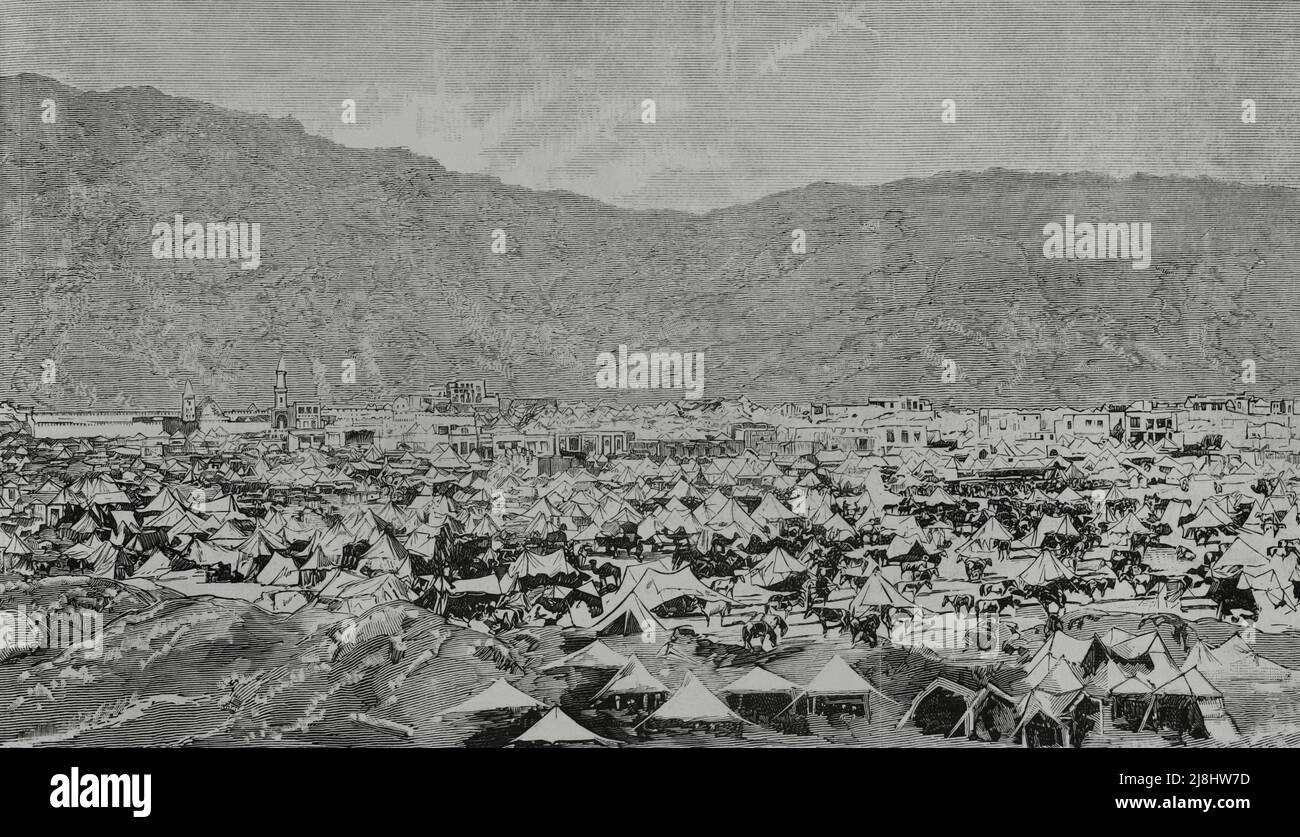 Muslimisches Pilgerlager in Mina, in der Nähe von Mekka. Gravur. Gravur, 1882. Stockfoto