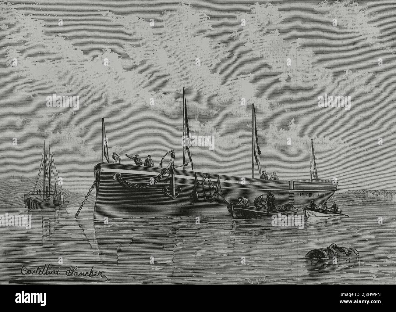 Spanische Marine. „Alsedo“ (1882-1898). 2. Klasse Kanonenboot, Iron-hullet, Pilar-Klasse. Markteinführung am 23. Januar 1882. Stich von Capuz, 1882. Stockfoto