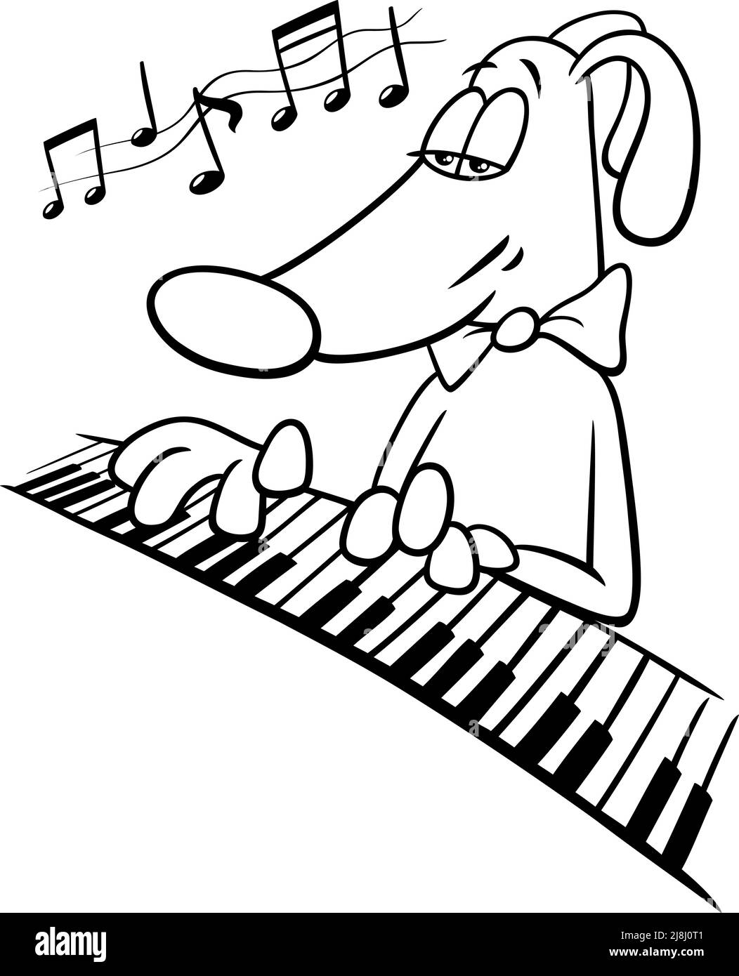 Schwarz-Weiß-Cartoon-Illustration von lustigen Hund Tier Charakter spielt die Klavier-Malseite Stock Vektor