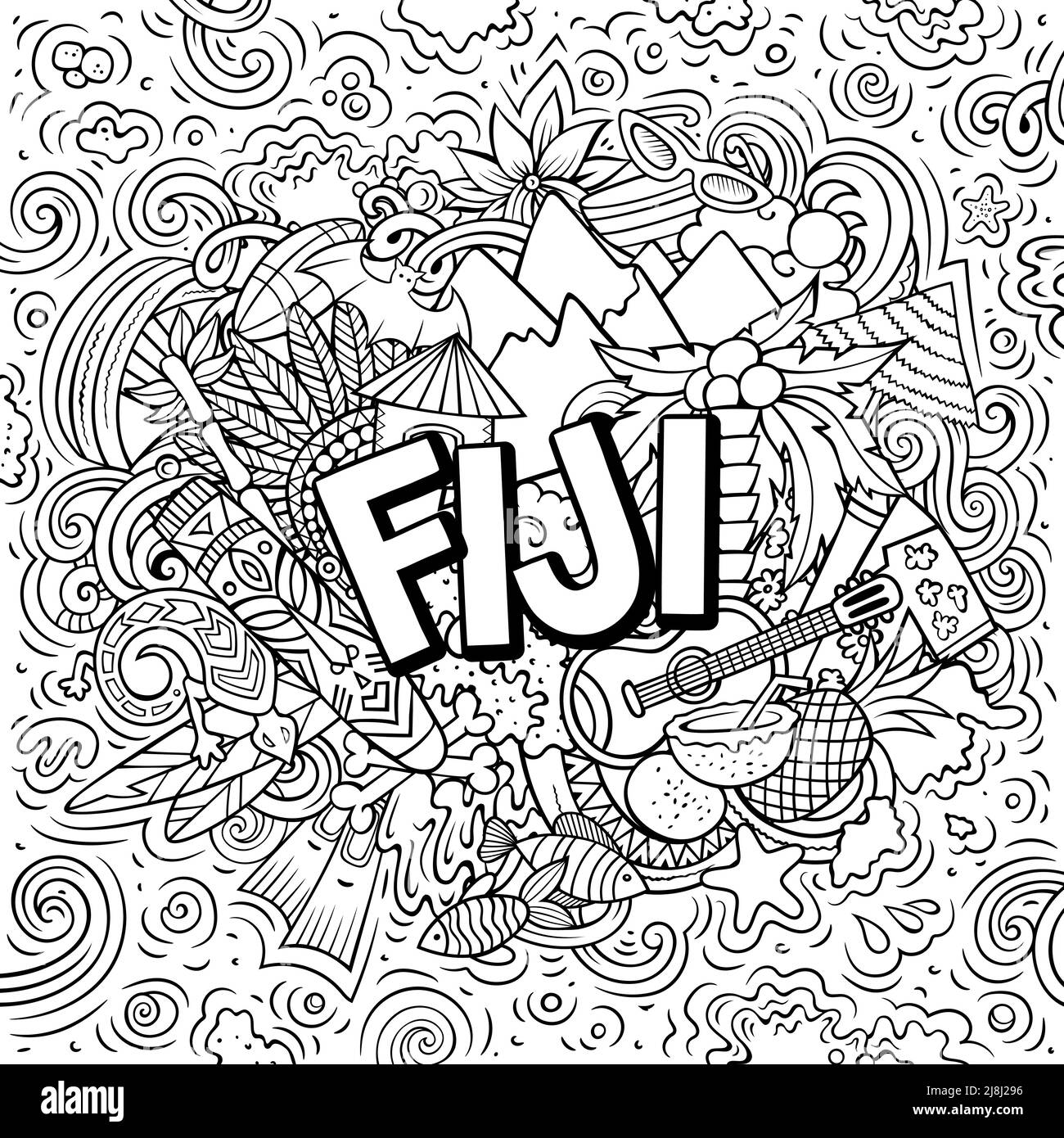 Fidschi handgezeichnete Cartoon-Kritzeleien Illustration. Witziges Reisedesign. Stock Vektor