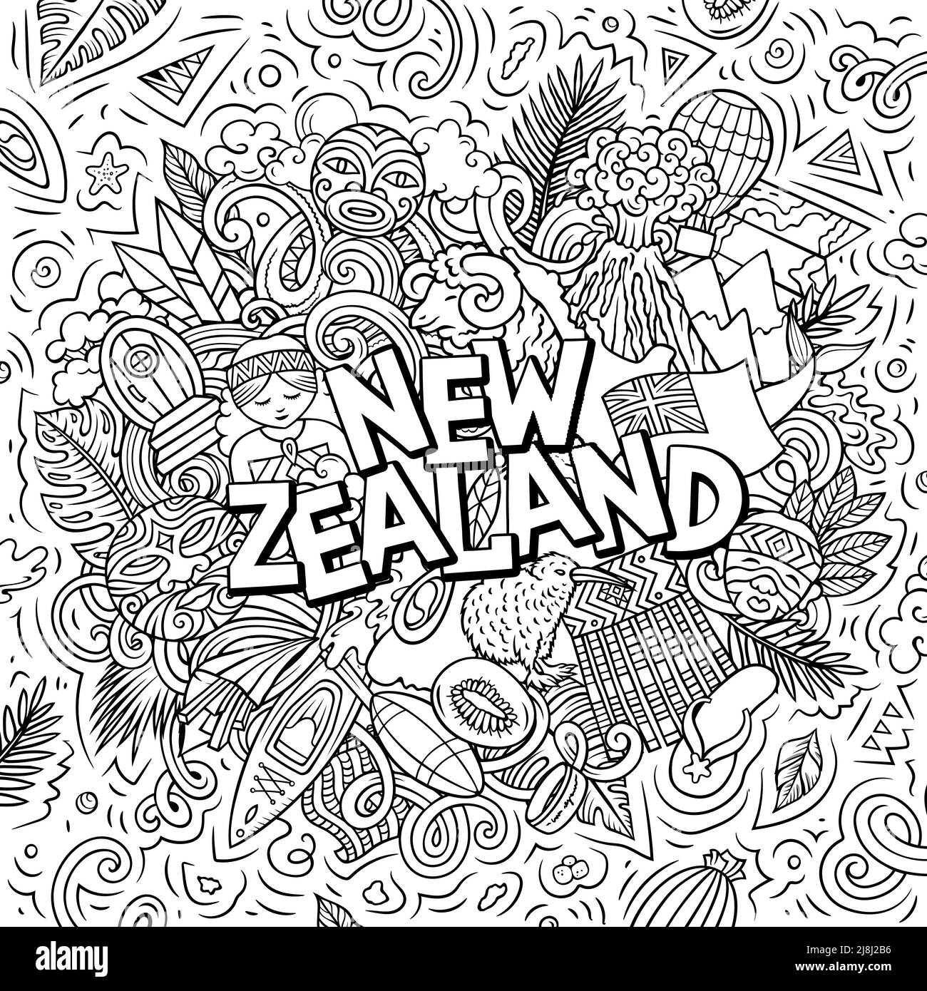 Neuseeland handgezeichnete Cartoon Doodle Illustration. Komisches lokales Design. Stock Vektor