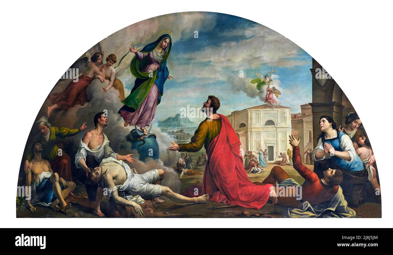 San Tommaso apostolo implana la Vergine Immacolata a intersedere per la cessazione del flagello del colera - olio su tela - Giovanni Battista Caliari Stockfoto
