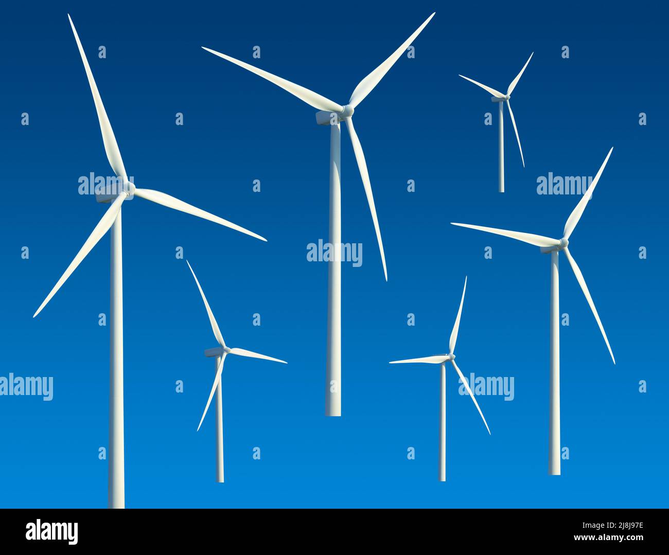 Isolierter Windpark. Windturbinen schneiden die Ansammlung über dem Hintergrund des blauen Himmels aus Stockfoto