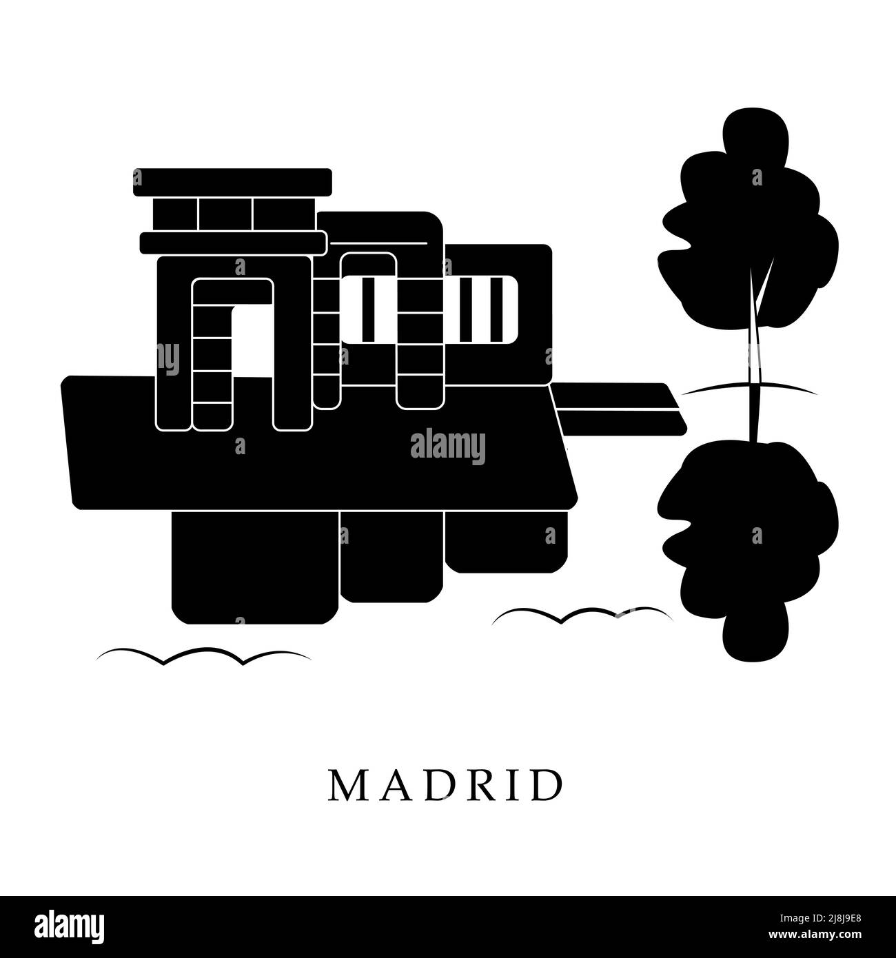 Europäische Hauptstädte, Madrid. Schwarz-Weiß-Abbildung Stock Vektor