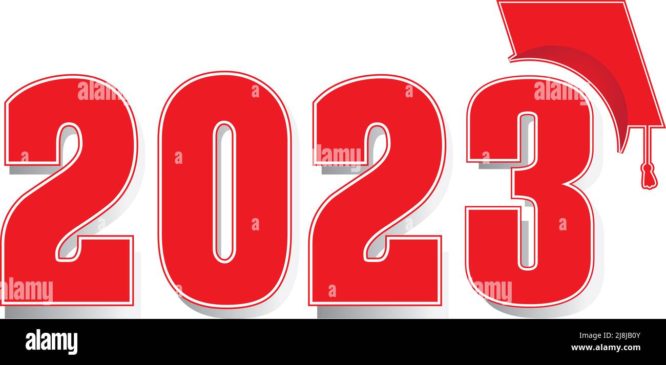 2023 rote Zahlen mit Graduierungskappe Stockfoto
