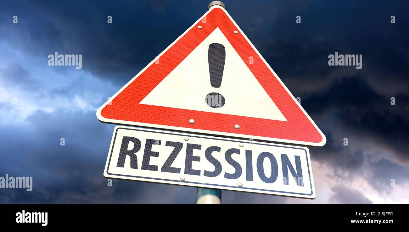 Straßenschild: RISIKO Rezessionsrisiko Stockfoto