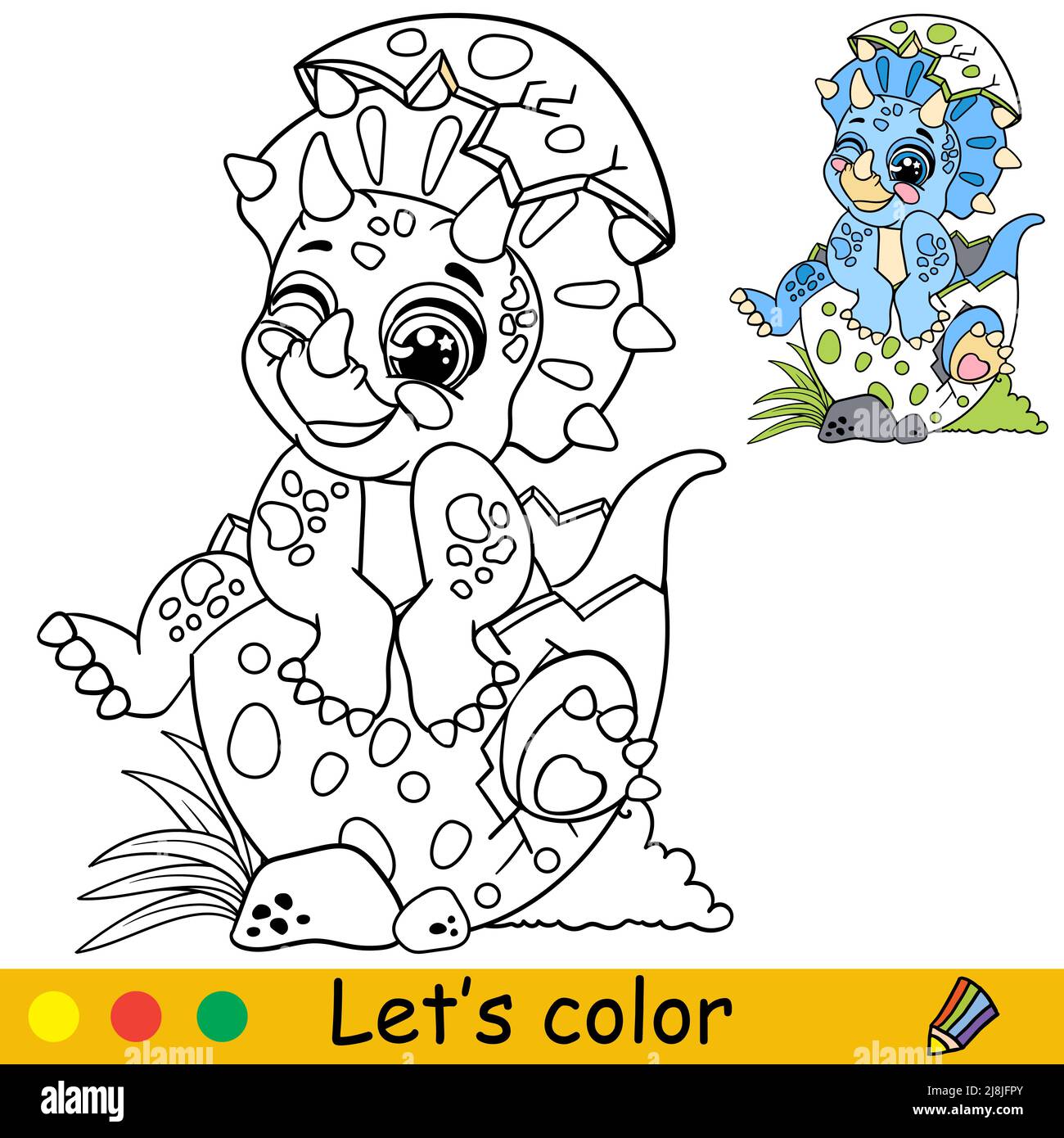 Cartoon niedlichen Baby Dinosaurier blau Triceratops im Ei sitzen. Malbuch Seite mit bunten Vorlage für Kinder. Vektor-isolierte Illustration. Für Colo Stock Vektor