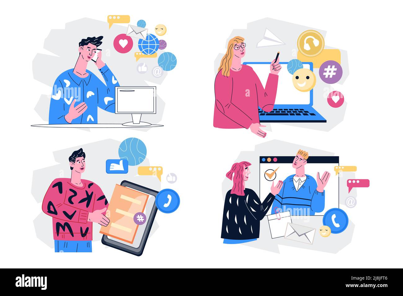 SMM Social Media Manager Zeichensatz. Social-Media-Marketing, Content-Management. Stock Vektor