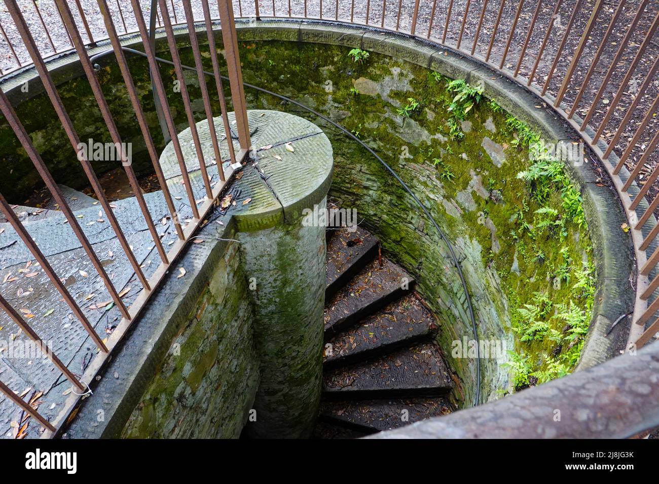Wendeltreppe, die an der Wand um Lucca, Toskana, Italien, in den Boden führt. Stockfoto
