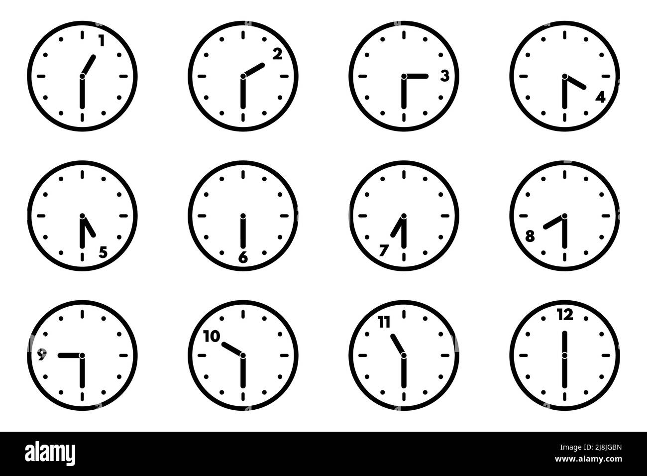 Einstellen des Symbols für die analoge Uhr für jede Stunde und halbe Stunde. 12-Stunden-Format. Version der halben letzten Stunden. Vektorgrafik Stock Vektor