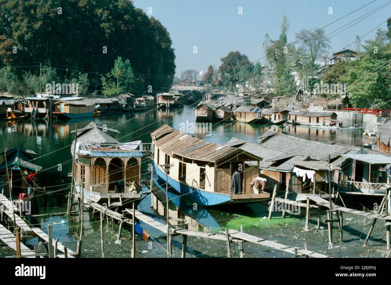 Hausboote auf dem Fluss Jhelum in Kaschmir 1986 Stockfoto