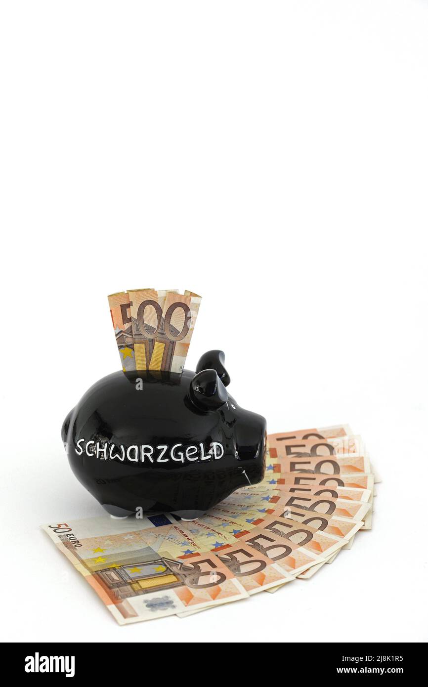 Sparschwein-Schriftzug Schwarzgeld, illegales Einkommen, auf 50-Euro-Münzen Stockfoto