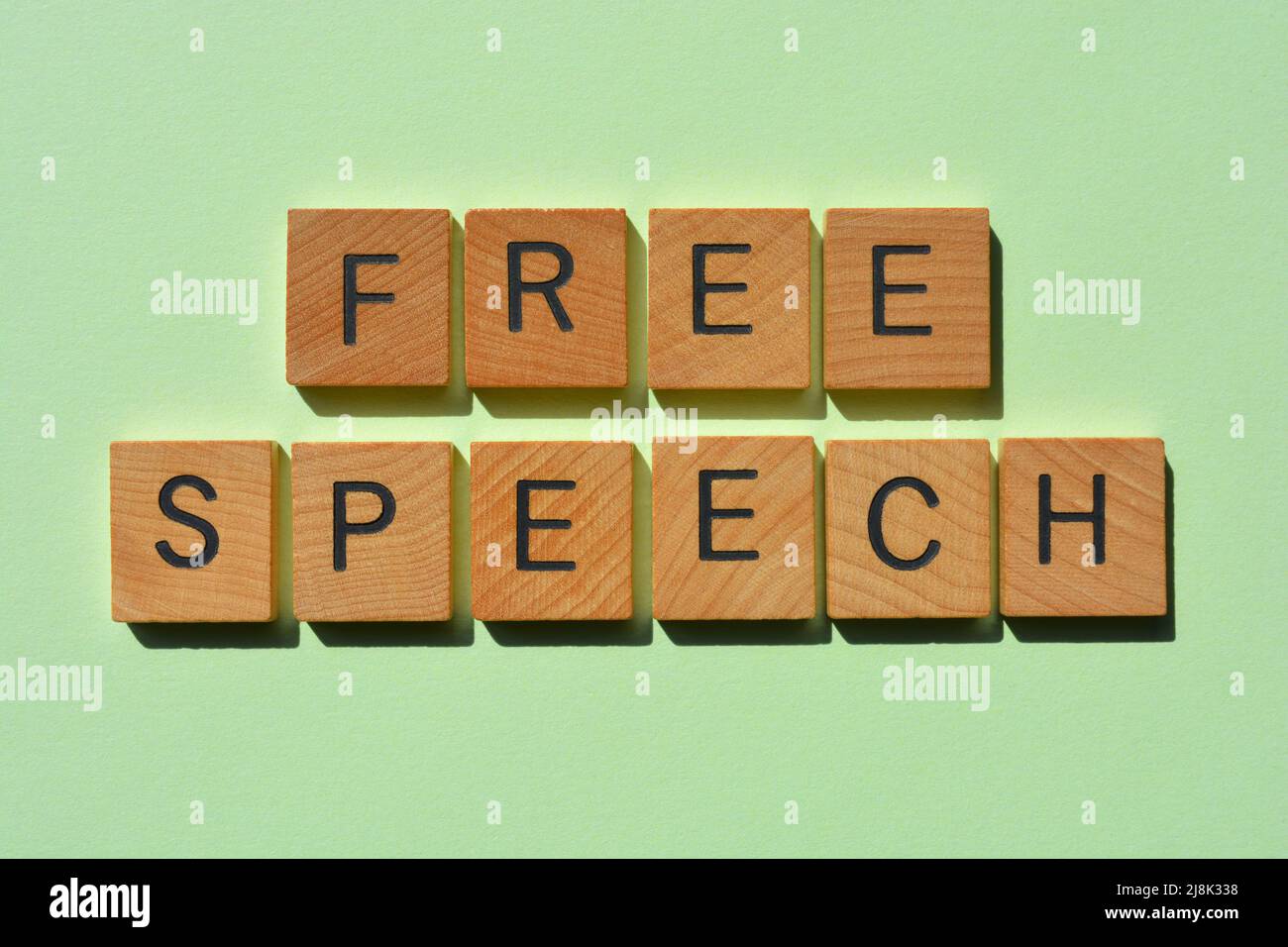 Redefreiheit, Wörter in Holzbuchstaben isoliert auf grünem Hintergrund Stockfoto