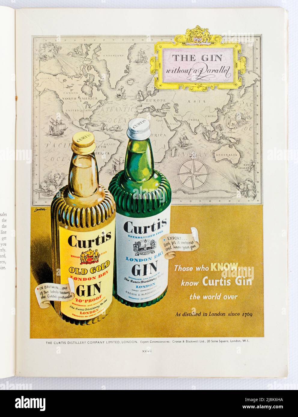 Old 1950s British Advertising for Curtis Gin Stockfoto
