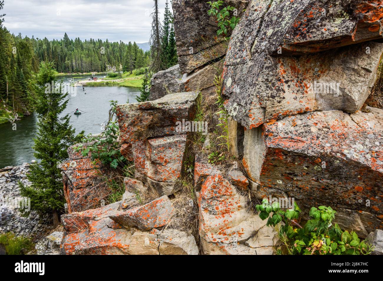 Angeln unter dem Island Park Dam im Box Canyon von Henry's Fork of the Snake River, Island Park, Fremont County, Idaho, USA Stockfoto