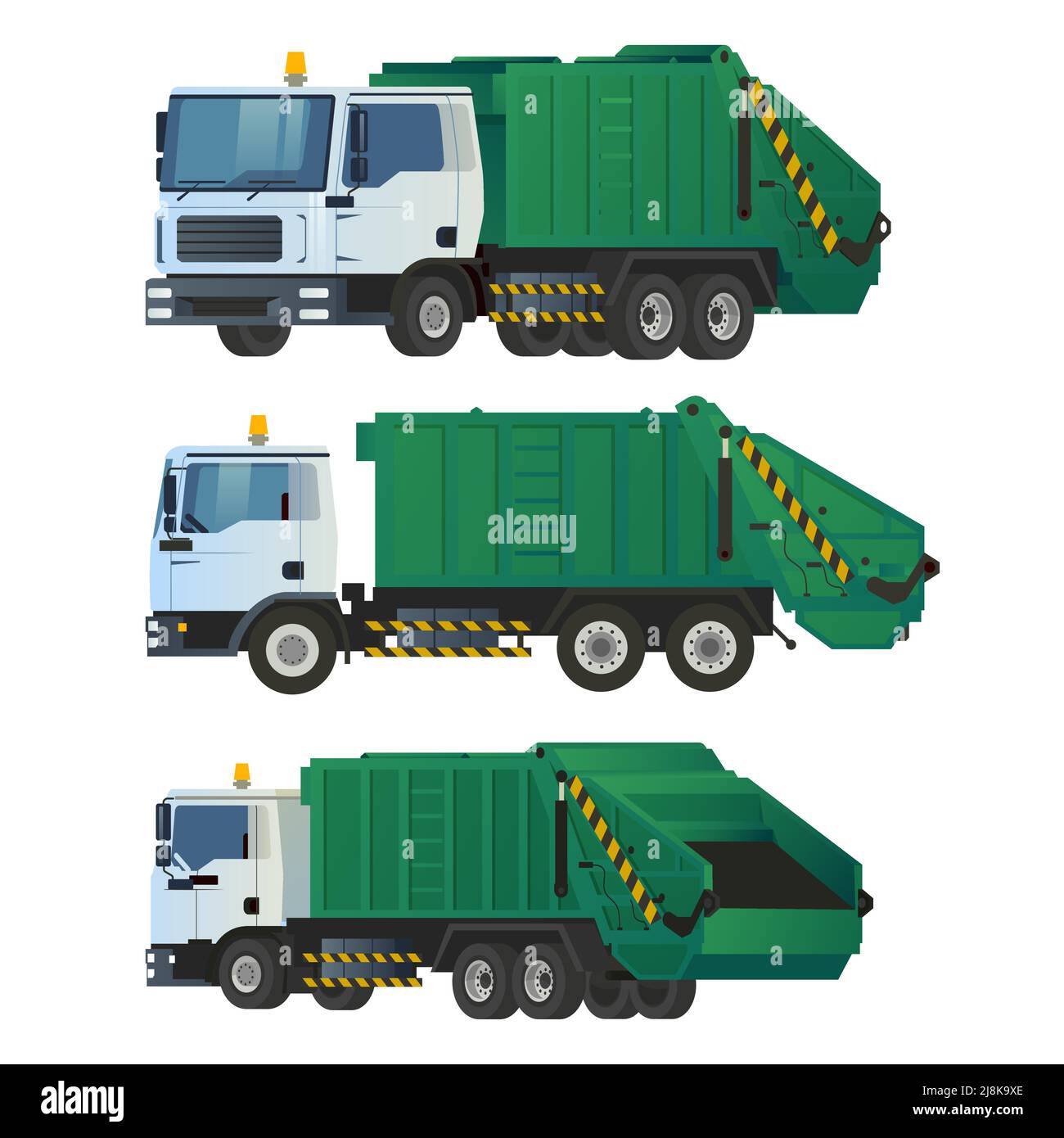 Müllwagen – Vorder-, Seiten- und Rückansicht – Vektorgrafik Stock Vektor