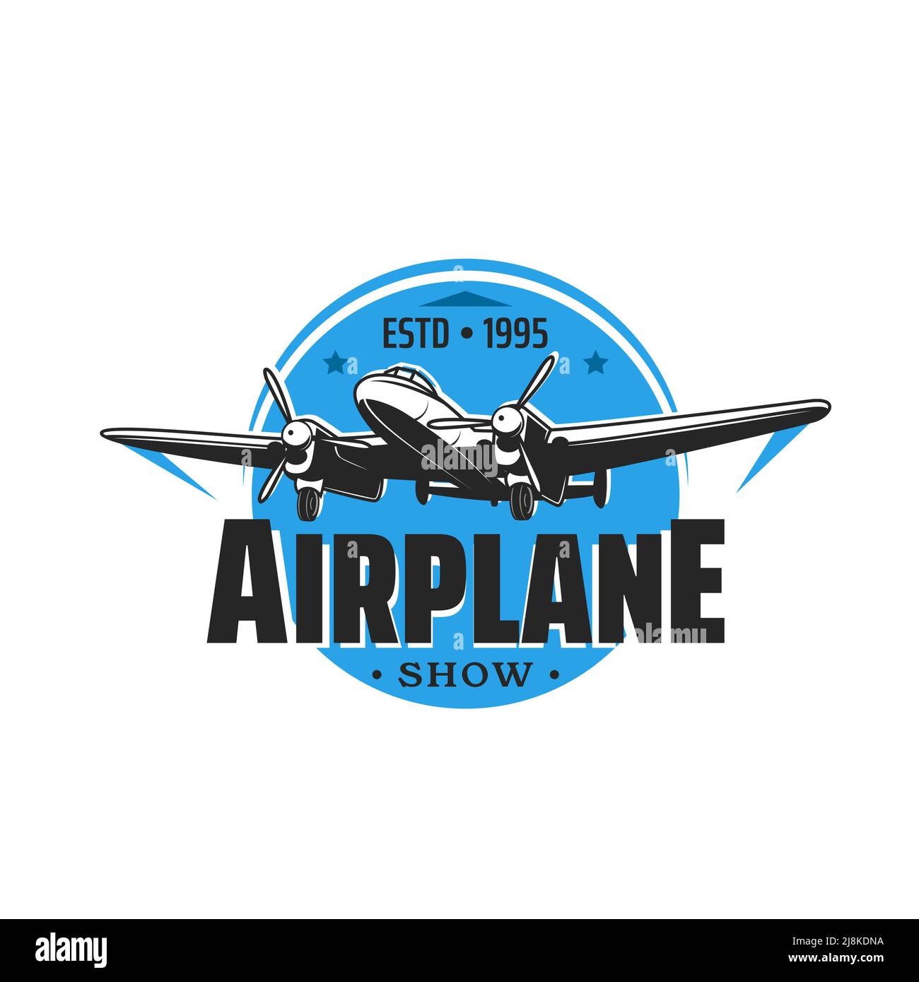 Flugzeug zeigen Symbol, Flugzeuge und Flugflug Airshow, Vektor-Emblem. Retro-Flugzeuge und Propellerjets zeigen zum Unabhängigkeitstag, Flugzeugpiloten oder Flugzeugfliegern und Flugzeugausstellung Stock Vektor