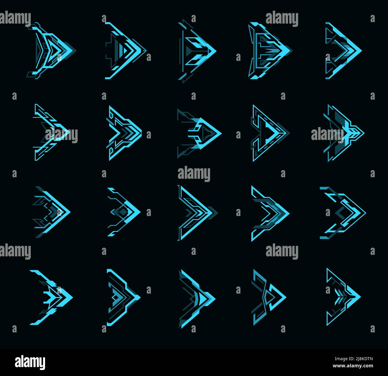 Futuristische HUD-Cursor. Navigationsschaltflächen oder Pfeile für die Neon-Schnittstelle sind gesetzt. Digitale Schnittstelle Vektor Neon Pfeil oder Spiel-Schnittstelle blaues Symbol, virtuelle Spiel Benutzeroberfläche glühende Taste Stock Vektor