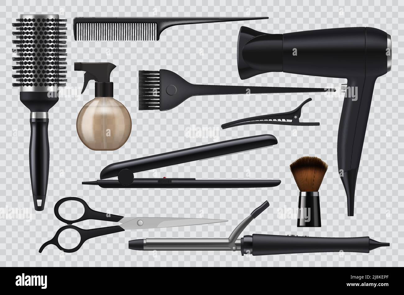 Realistische Friseur-Werkzeuge, Friseursalon Artikel 3D Vektor.  Professionelles Haarschmuck-Zubehör mit Schere, Haartrockner, Lockenstab  und Kammaufsatz, Rasierpinsel, Sprühgerät und Barrette-Gerät  Stock-Vektorgrafik - Alamy