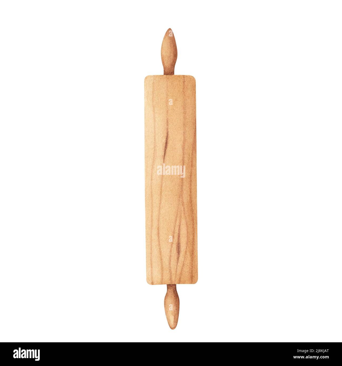 Küchengeräte aus Holz: Holz-Nudelholz für hausgemachten Teig. Aquarelldarstellung isoliert auf weißem Hintergrund. Kunst für Design, Textilien, Stockfoto