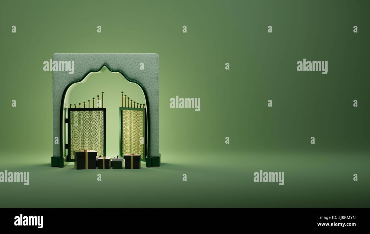 3D Eid al Adha Islamischer Hintergrund, Geschenkbox, mit Moschee-Tür, und 3D Eid Mubarak Festival Grußkarte Design. Stockfoto