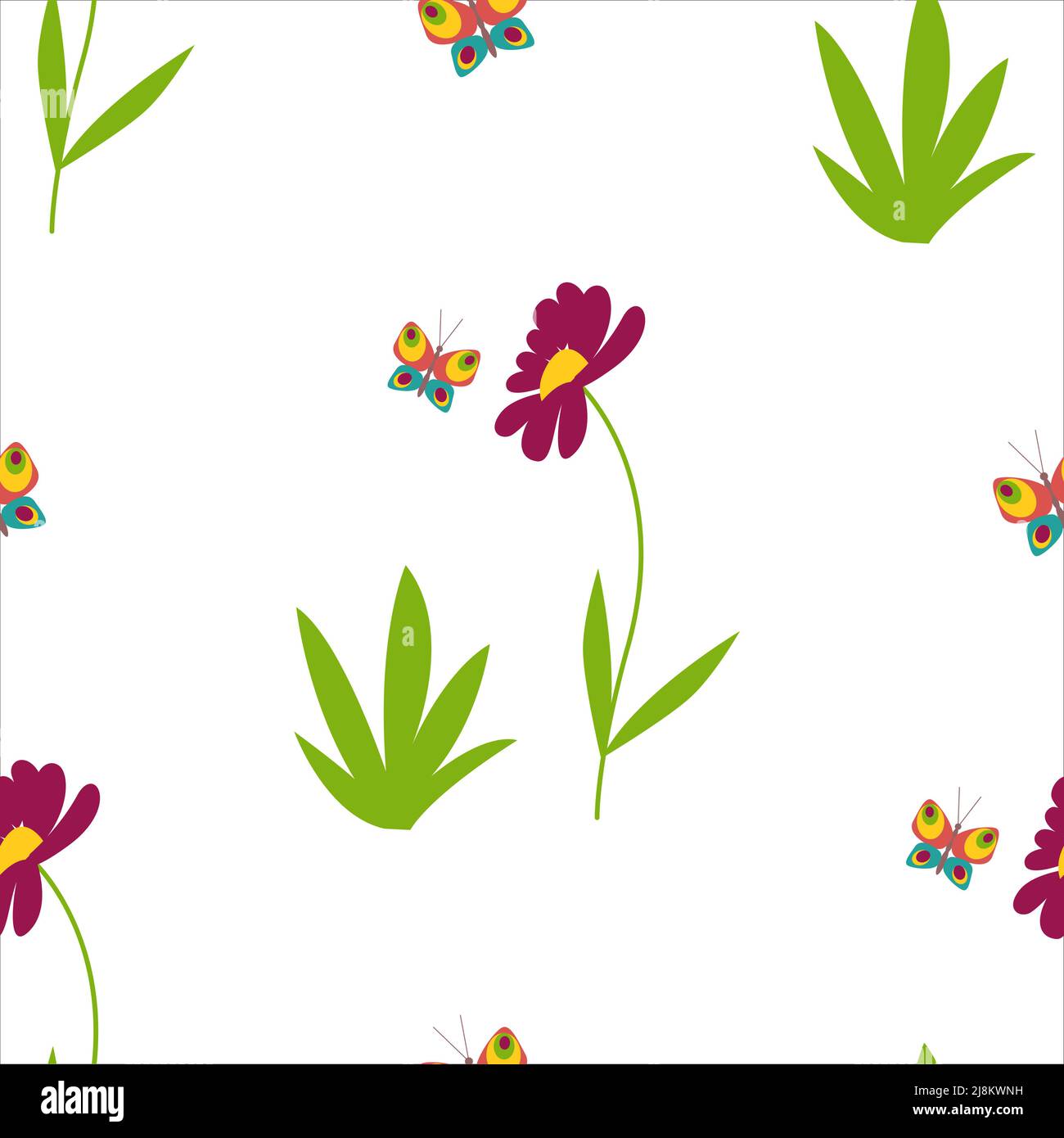 Blumen und Schmetterlinge, Gänseblümchen Frühling Natur nahtlose Muster. Gerberas. Vektorgrafik Stock Vektor