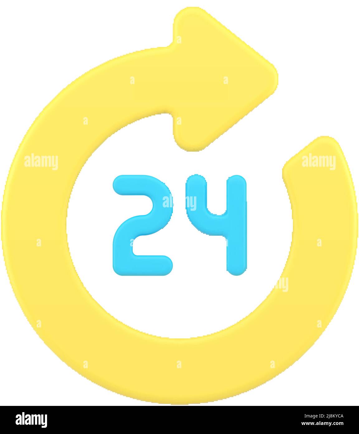 Glänzend eingekreister gelber Pfeil 24-Stunden-Vorlage realistische vektorgrafik mit 3D Symbolen. Abgerundete vierundzwanzig Stunden Label Mockup Information Button Einzelhandel Stock Vektor
