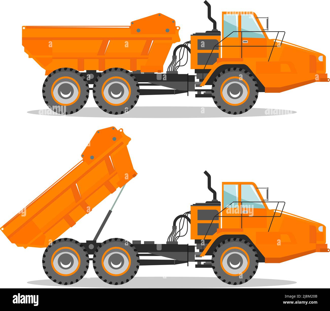 Detaillierte Abbildung des Miningtrucks. Off-Highway-Lkw mit unterschiedlicher Karosserieposition. Schwere Bergbaumaschinen Ausrüstung und Baumaschinen. Stock Vektor