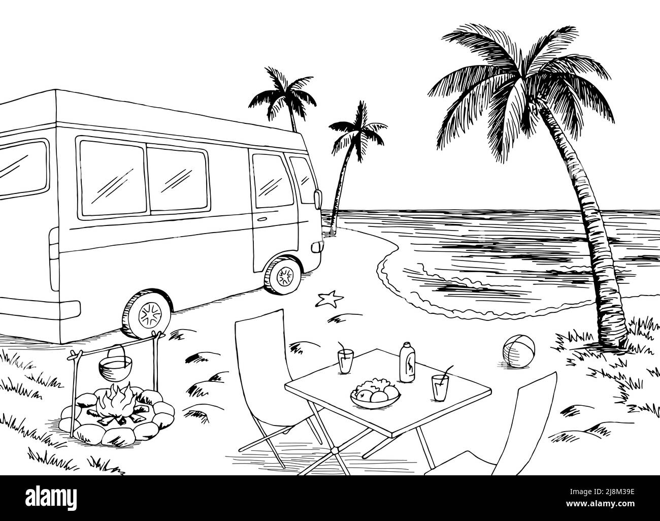 Küste Camping Grafik Strand schwarz weiß Landschaft Skizze Illustration Vektor Stock Vektor