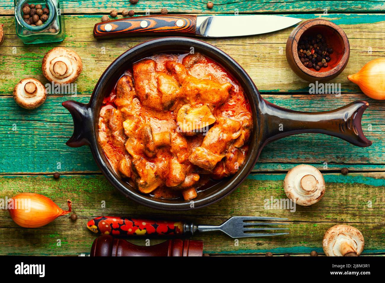Ragout mit gebratenem Fleisch und Pilzen. Rindsstroganoff aus Schweinefleisch.Rindsstroganoff mit Pilzen in cremiger Sauce Stockfoto