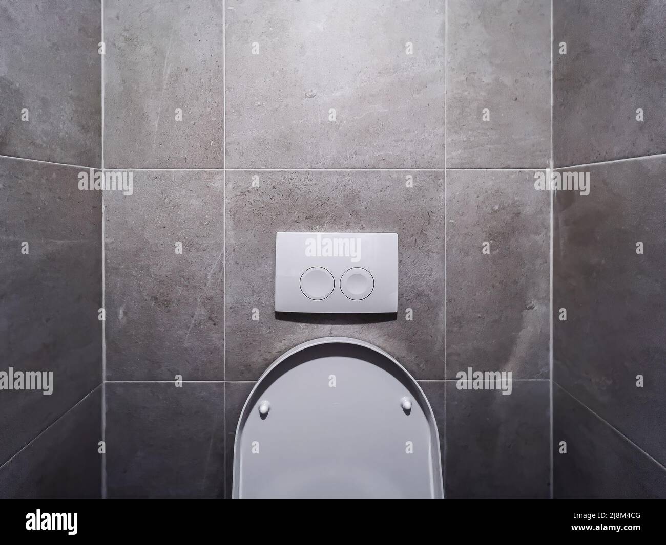Toilettensitzbezug und Spülplatte mit Knöpfen an der keramischen Fliesenwand im Badezimmer Stockfoto