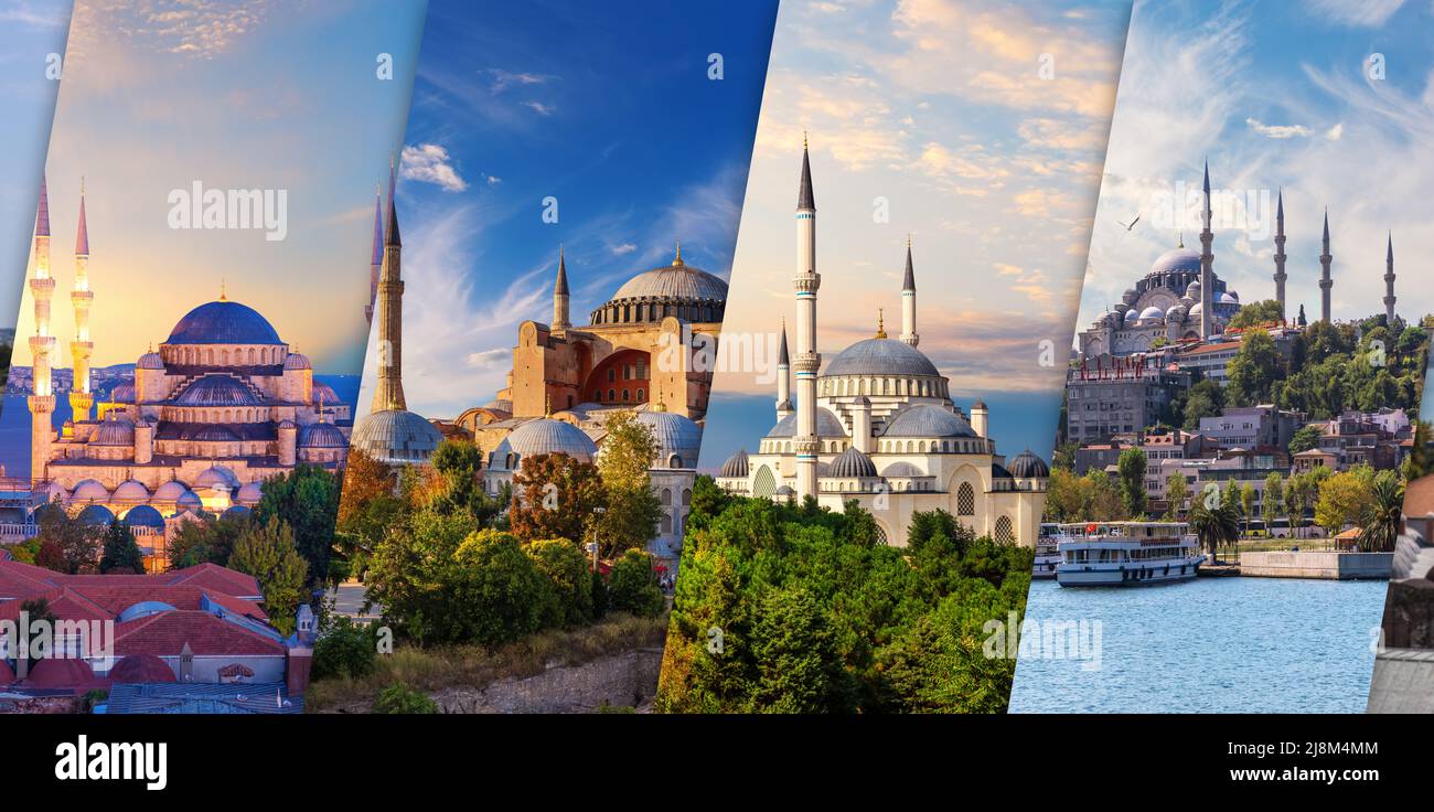 Blaue Moschee, Hagia Sophia, Camlica Moschee und Suleymaniye Moschee in schöner Collage von Istanbul, Türkei Stockfoto