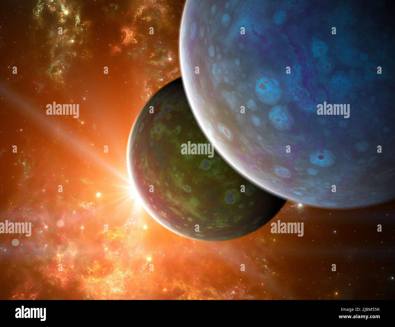 Erforschung neuer Welten, Raum und Universum, neuer Galaxien. Planeten im Hintergrund. Exoplaneten. Solarsysteme. 3D Rendern Stockfoto