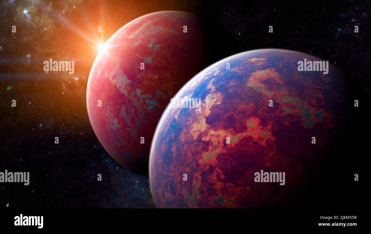 Erforschung neuer Welten, Raum und Universum, neuer Galaxien. Planeten im Hintergrund. Exoplaneten. Solarsysteme. 3D Rendern Stockfoto