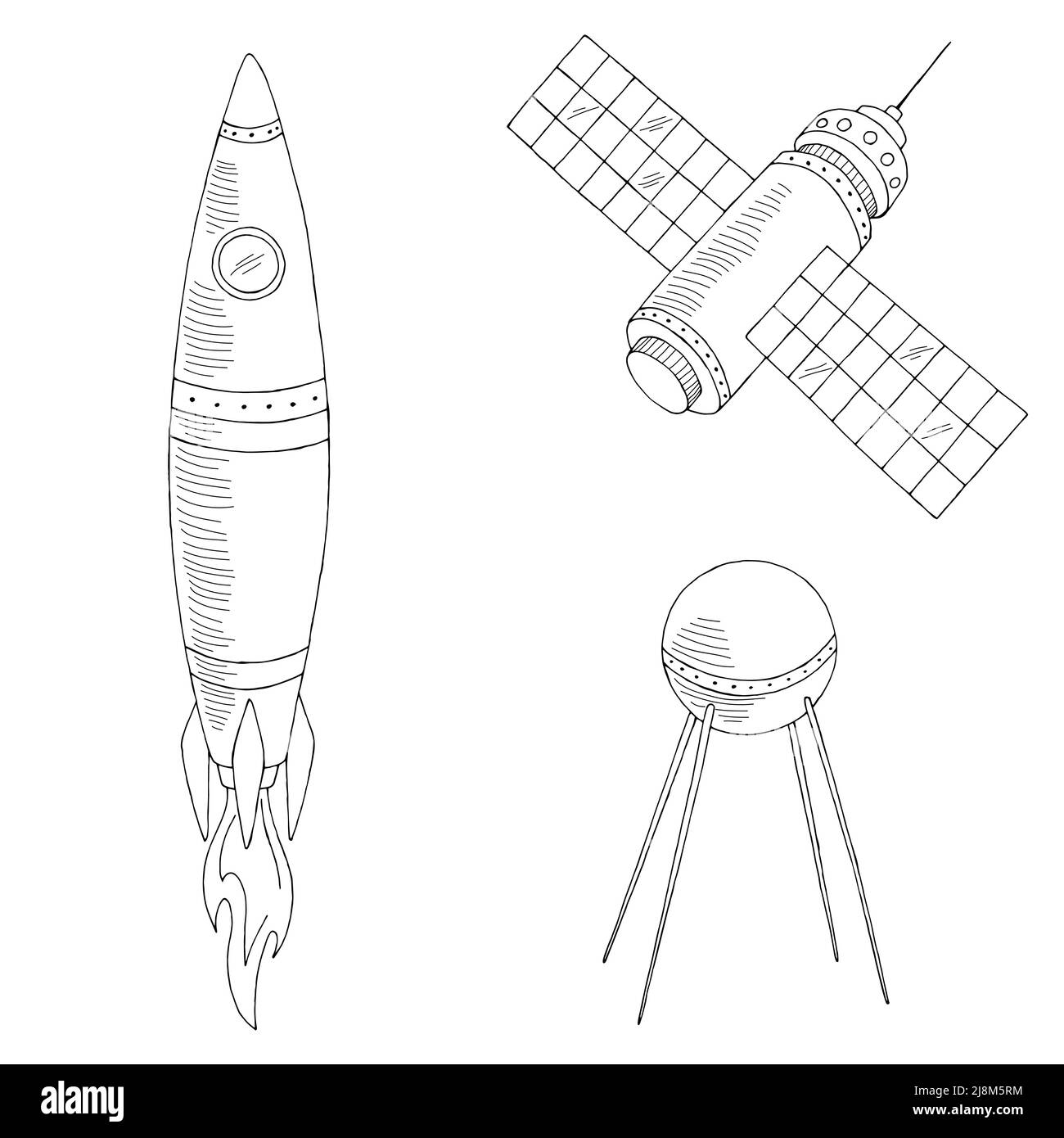 Raketenstarter Satellitengrafik schwarz weiß isolierte Skizzendarstellung Vektor Stock Vektor