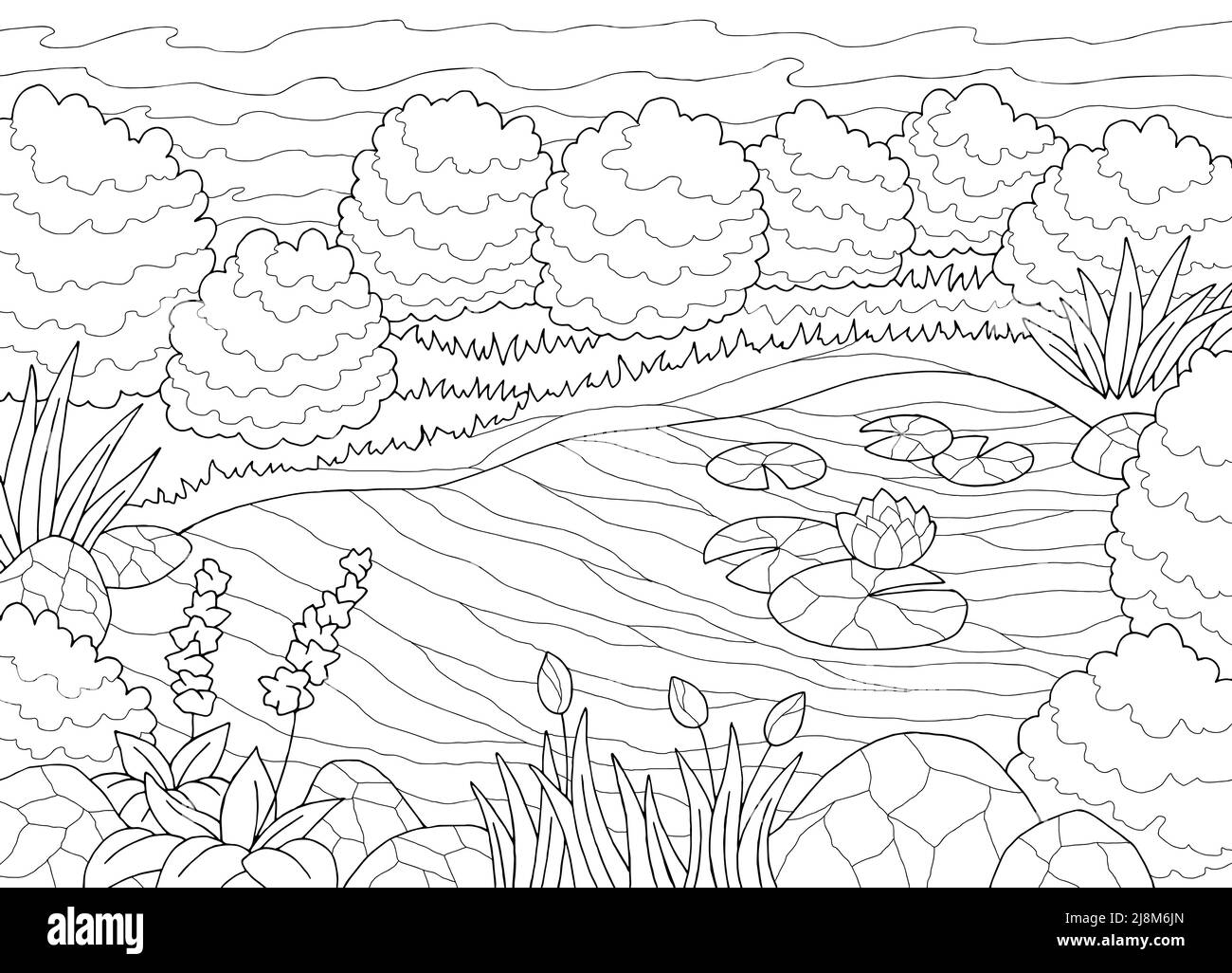 Teich Färbung Grafik schwarz weiß Landschaft Skizze Illustration Vektor Stock Vektor