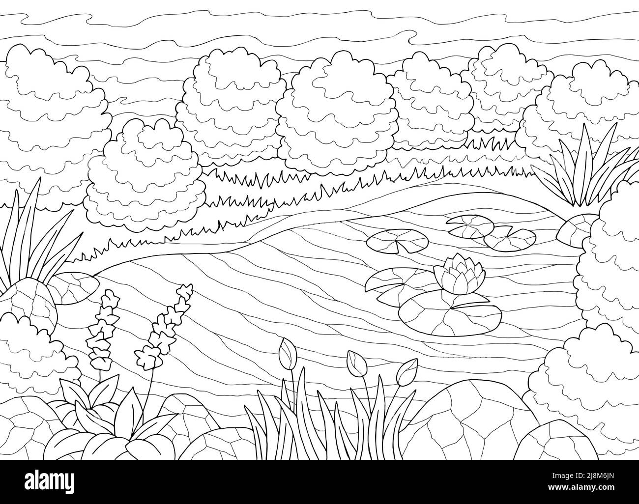 Teich Färbung Grafik schwarz weiß Landschaft Skizze Illustration Vektor