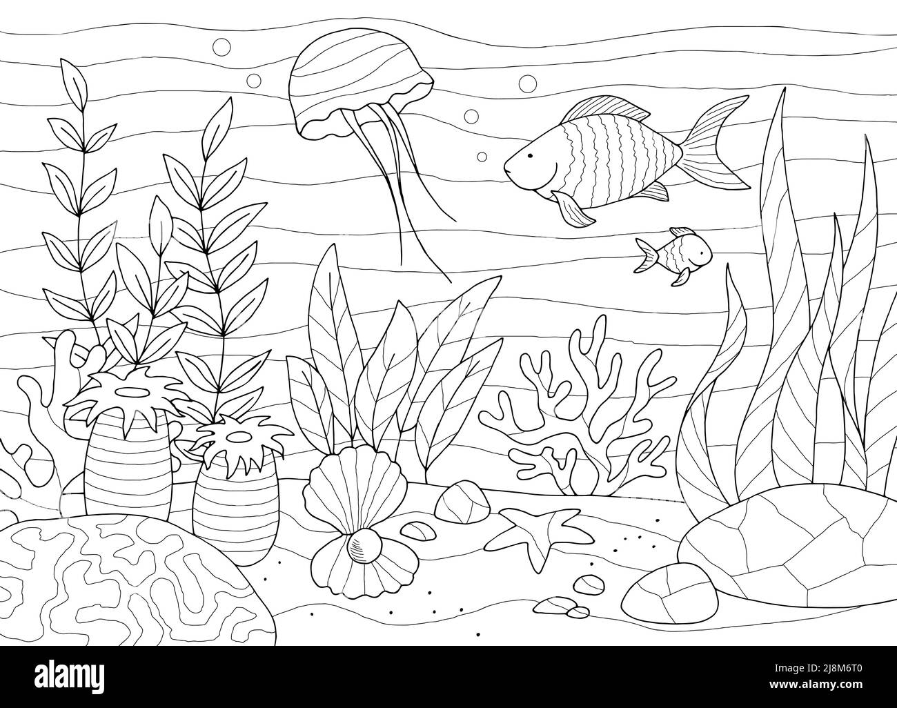 Unterwasser Färbung Grafik Meer schwarz weiß Skizze Illustration Vektor Stock Vektor