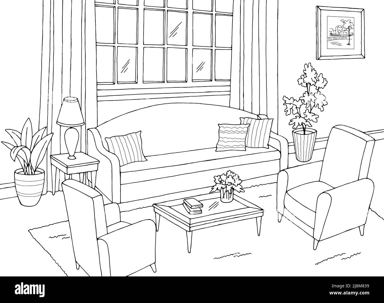 Wohnzimmer Grafik schwarz weiß Innenraum Skizze Illustration Vektor 209 Alamy