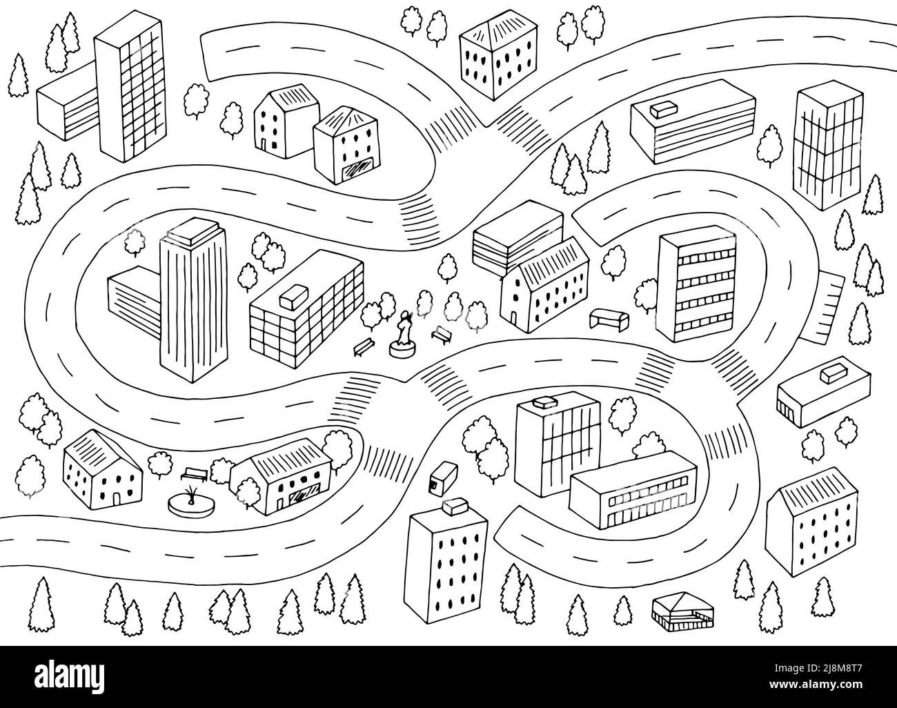 Stadt Labyrinth Grafik schwarz weiß Skizze oben Luftaufnahme Illustration Vektor Stock Vektor