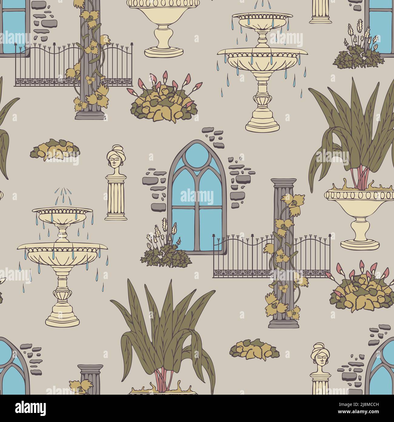 Nahtloses Vektor-Muster mit Garten im viktorianischen Stil auf beigem Hintergrund. Vintage Gewächshaus Tapete Design. Dekorative urbane Mode Textil. Stock Vektor