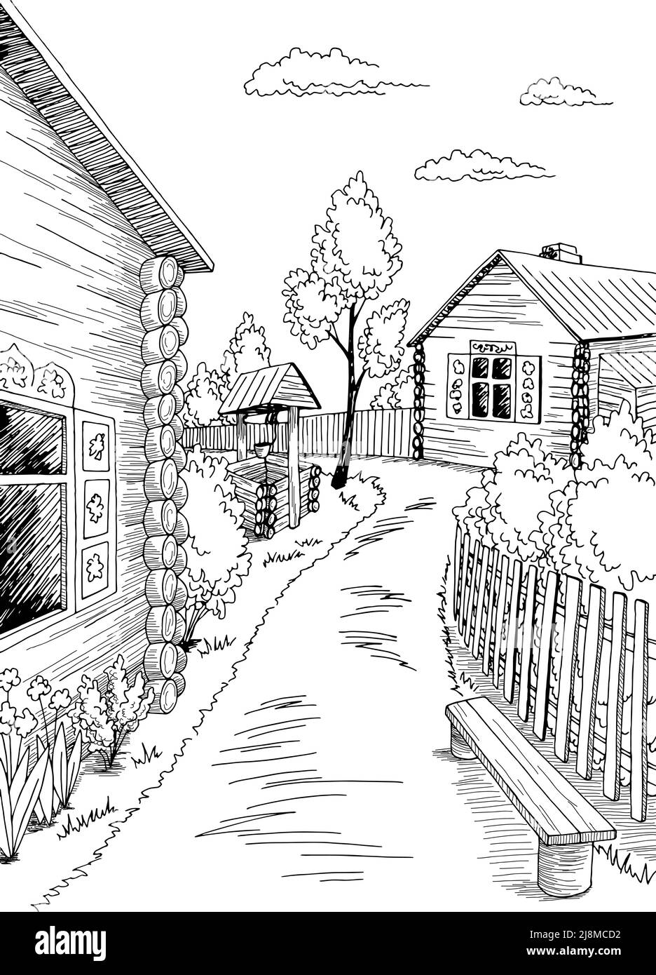 Alte Dorf Grafik schwarz weiß ländlichen vertikalen Landschaft Skizze Illustration Vektor Stock Vektor