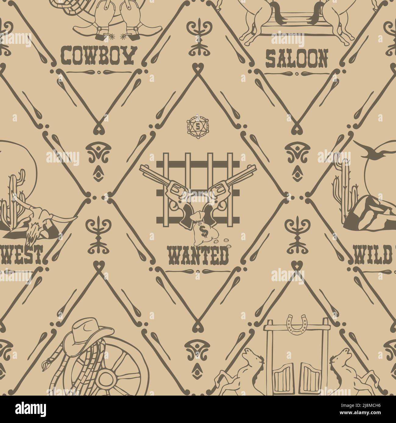 Nahtloses Vektormuster mit Wild-West-Symbolen auf weißem Hintergrund. Vintage Western Texas Tapetendesign. Dekorative Poster Mode Textil. Stock Vektor