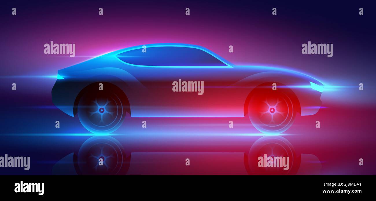 Schnell fahrender Sportwagen mit blau und rot leuchtenden Neonlichtern, die mit hoher Geschwindigkeit laufen, Vektorgrafik. Stock Vektor