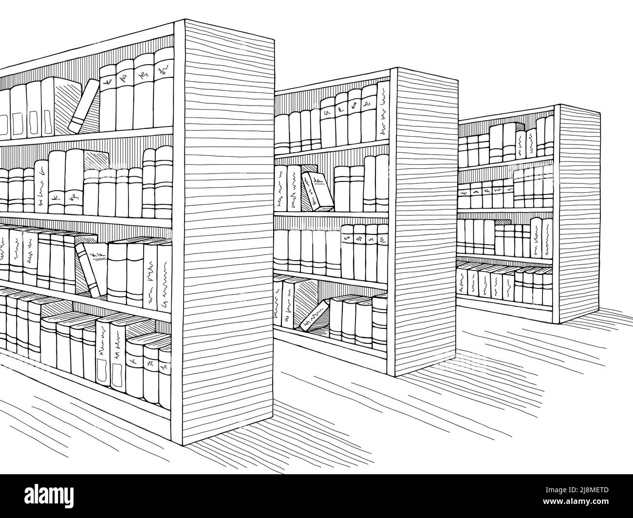 Bibliothek Regal Grafik schwarz weiß Innenraum Skizze Illustration Vektor Stock Vektor