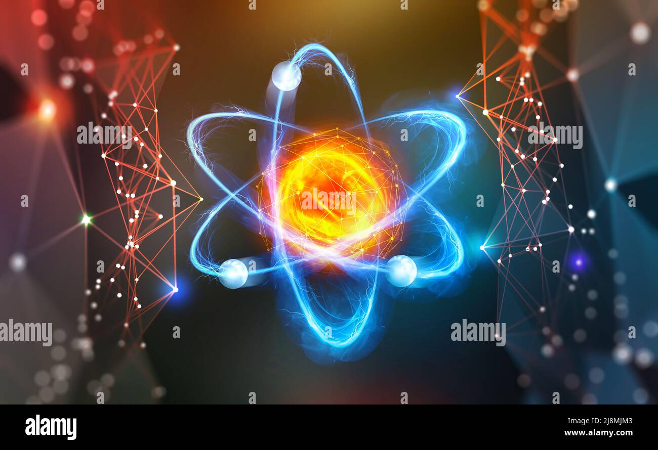 Atomare Struktur. Wissenschaftlicher Durchbruch. Moderne wissenschaftliche Forschung zur Kernfusion. Innovationen in der Physik 3D Illustration Stockfoto