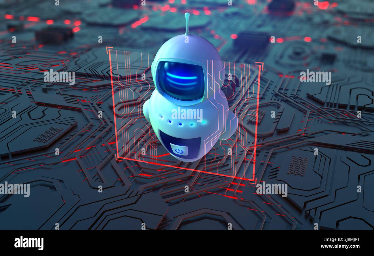 Roboter, Chat-bot, android und digitale Evolution der Robotik. Zukünftige Technologien zur Prozessorentwicklung. 3D Illustration des Quantencyberspace Stockfoto