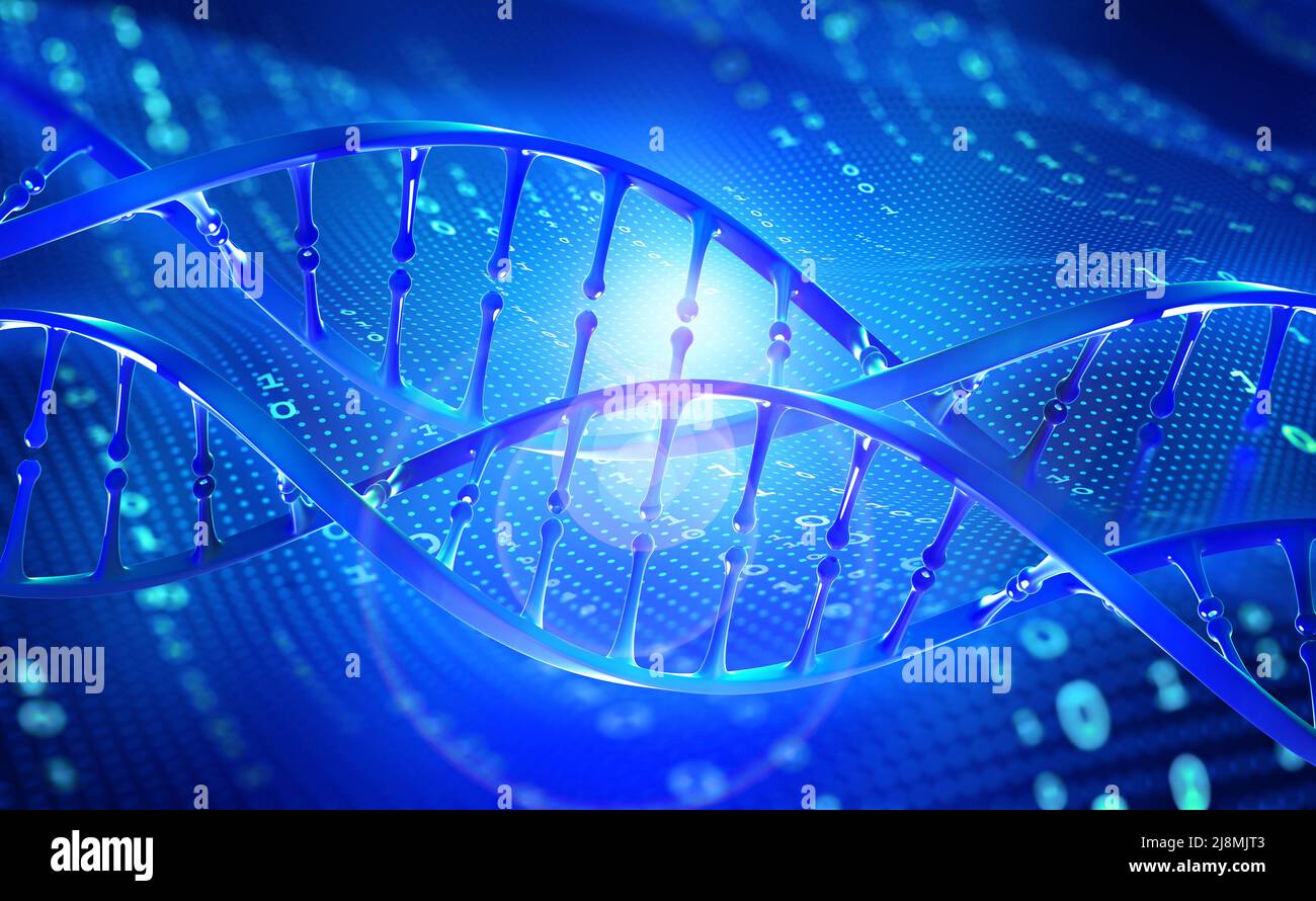 Hochtechnologie und genetische Forschung. 3D Illustration einer DNA-Helix auf einem digitalen Code-Hintergrund. Menschliches Genom, Entschlüsselung, Mutation, Klonen Stockfoto