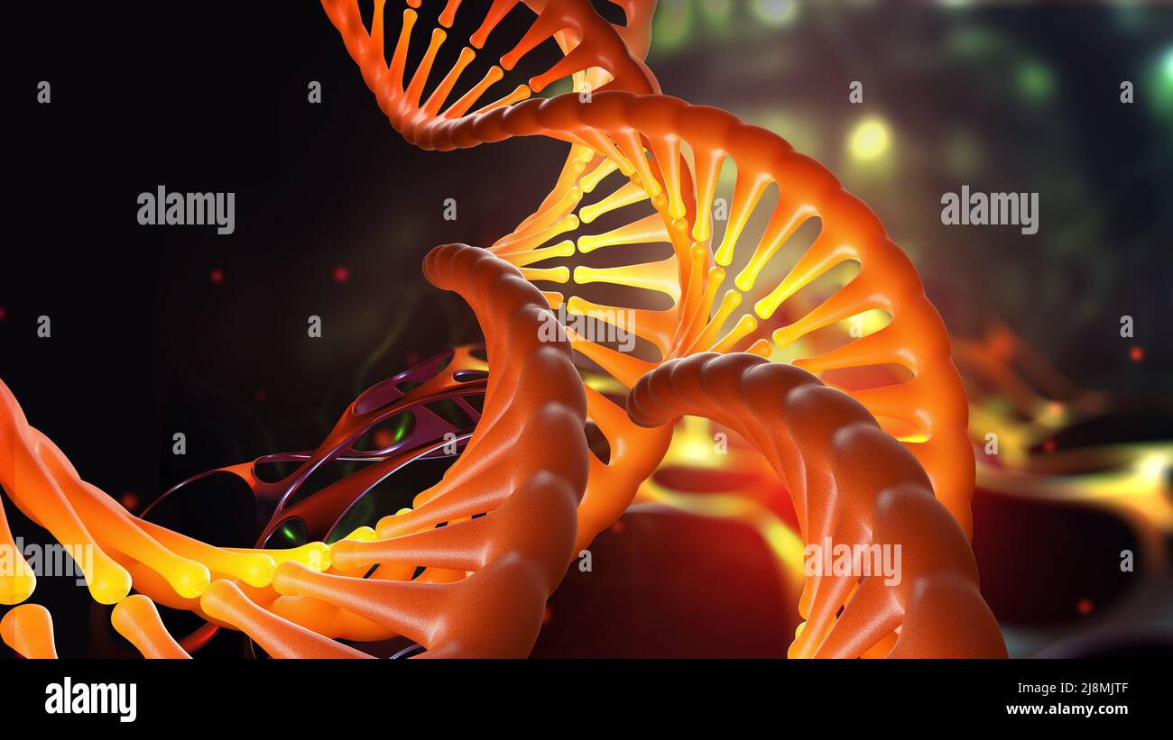 DNA-Molekül, menschliches Genom, wissenschaftliche Forschung, Gencode. 3D Illustration einer DNA-Helix unter dem Mikroskop Stockfoto